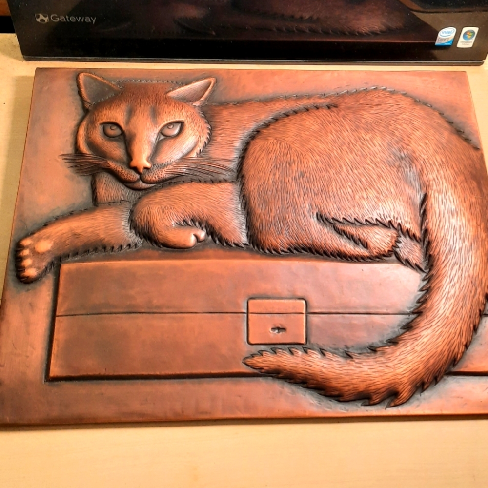 Solid Copper Cat on Box Wall Plaque- 16"X12"X3/4", Very Detailed, One of a Kind